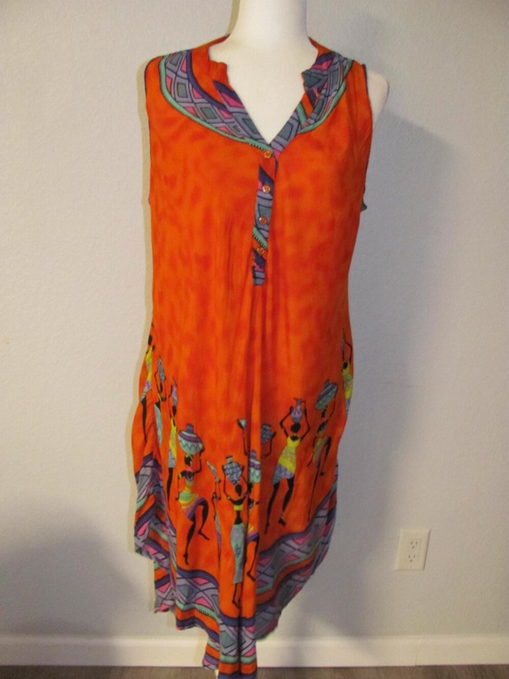 Seven Islands New York Orange African Print Summer Dress Sleeveless Midi Size 3X